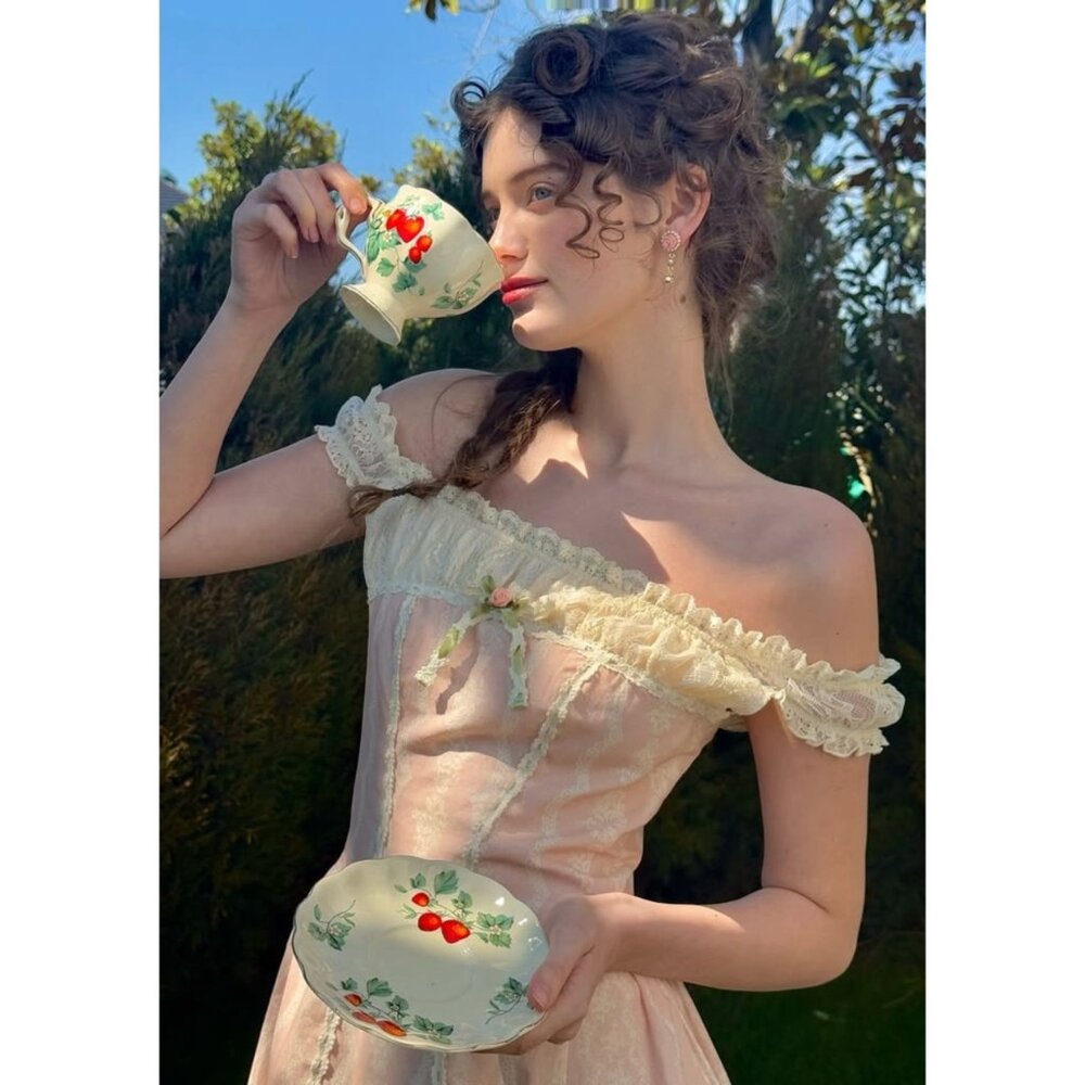 Romantic Off-Shoulder Pink Lace Tea Dress - Picture 4 of 12